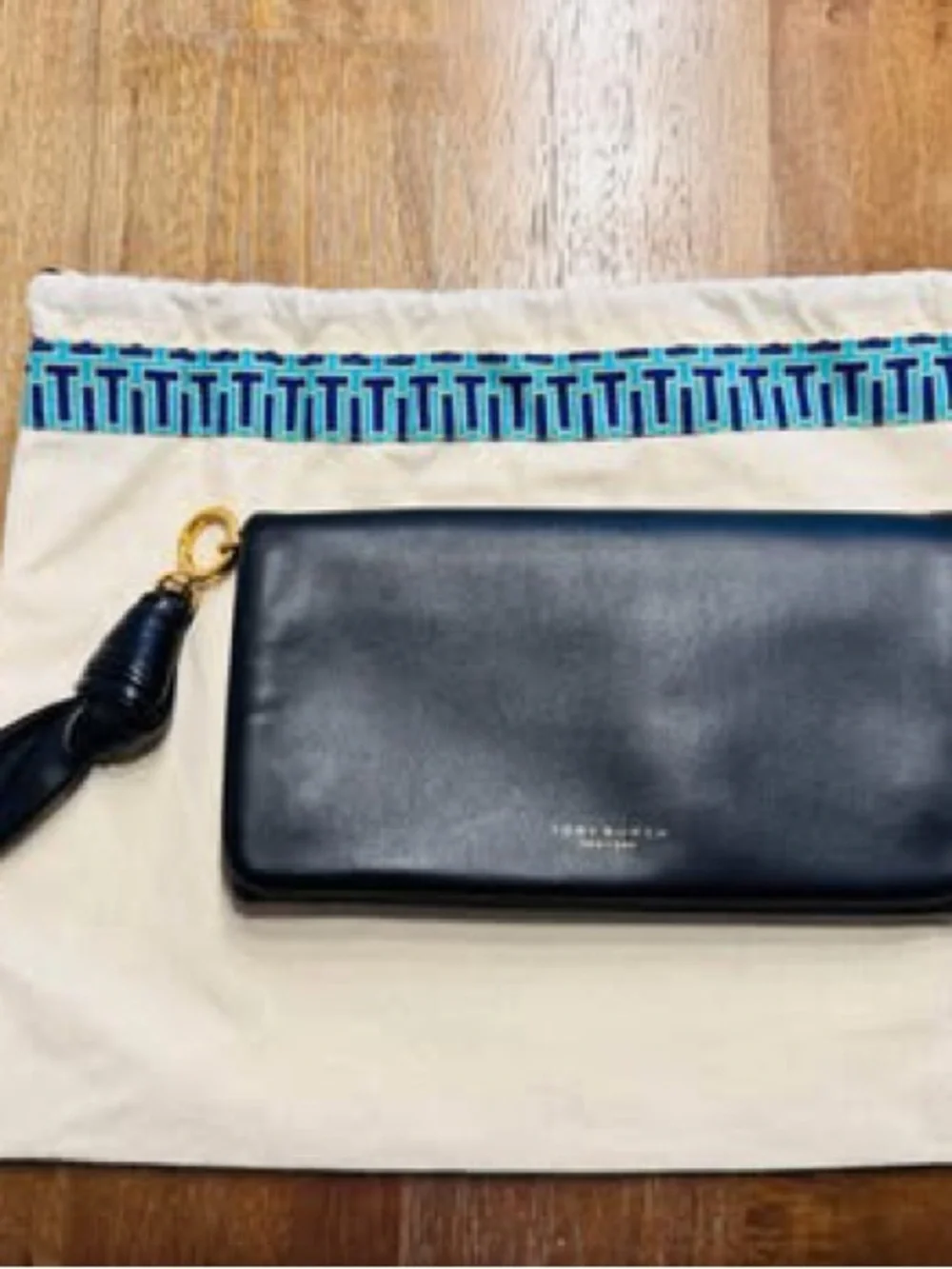 Tory Burch Black Leather Wristlet with Tassel and Gold-Tone Hardware